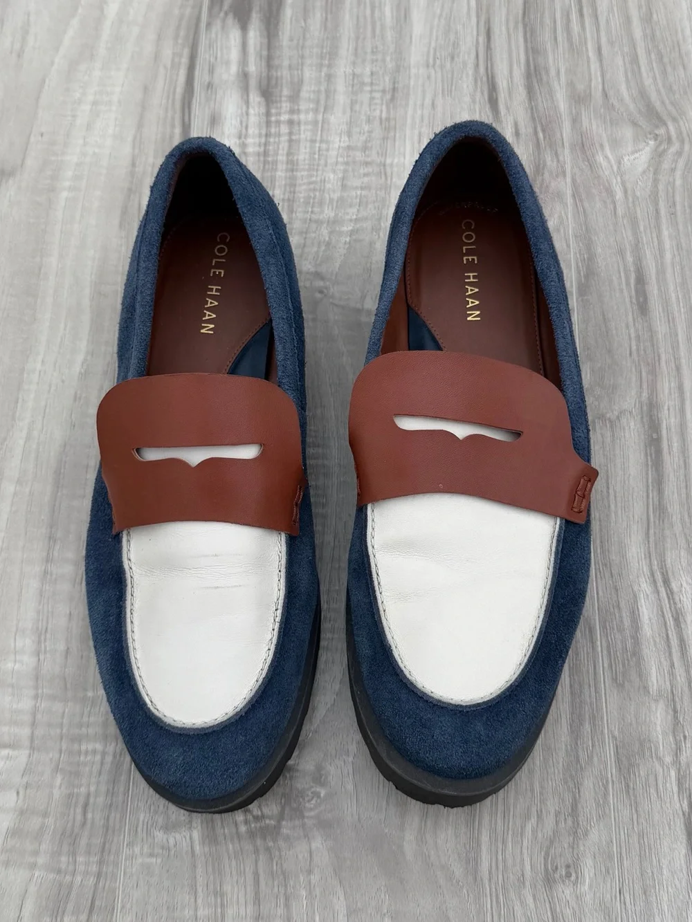 Cole Haan Blue Suede, White Leather & Brown Penny Loafers